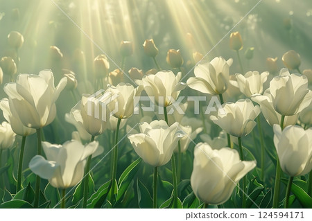 Sunlight illuminating a field of blooming tulips in a serene garden Sunlight illuminating a field of blooming tulips in a serene garden 124594171