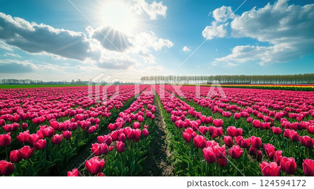 Wide tulip fields under a vibrant sky with scattered clouds and sunlight Wide tulip fields under a vibrant sky with scattered clouds and sunlight 124594172