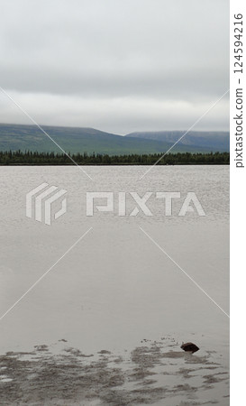 Calm lake water reflects a moody overcast sky, with a line of dense forest and distant mountains in the background. A minimalistic and tranquil nature scene evoking stillness and solitude. 124594216