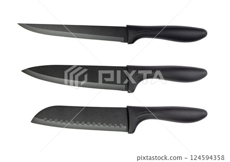 Set of three black kitchen knife on white background 124594358
