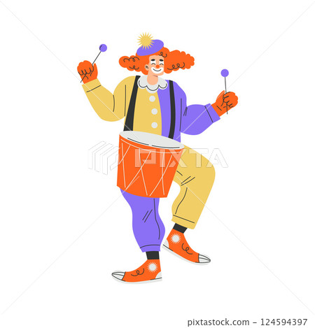 Colorful Man Clown Character with Bright Makeup and Nose Amusing Playing Drum Vector Illustration Colorful Man Clown Character with Bright Makeup and Nose Amusing Playing Drum Vector Illustration 124594397
