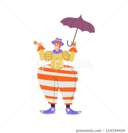 Colorful Man Clown Character with Bright Makeup and Nose Stand with Umbrella Vector Illustration 124594404