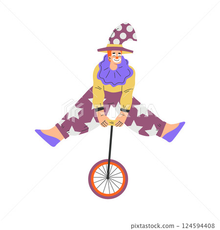 Colorful Man Clown Character with Bright Makeup and Nose Amusing with Wheel Vector Illustration 124594408