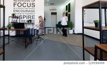 Modern coworking space featuring professionals engaged in collaborative activities and motivational Modern coworking space featuring professionals engaged in collaborative activities and motivational 124594444