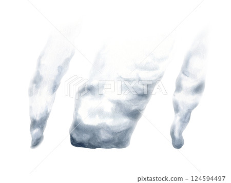 Set of smoke, steam, fume isolated on white. Watercolor vapor illustration changes from grey to transparent steam at the end. Drawn to smoke stacks. Perfect for Heavy industry, global warming designs 124594497