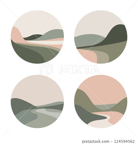Abstract Circular Landscape Scenes. A set of abstract circular landscape illustrations with soft, pastel colors and modern, minimalist aesthetics. 124594562