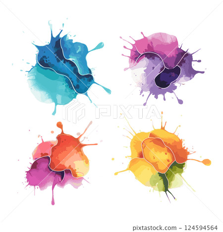 A set of vibrant watercolor splashes with blended colors and artistic textures. A creative mix of blue, purple, yellow, and green tones. 124594564