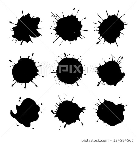 A collection of black ink splashes arranged in a grid-like structure with rough textures. 124594565