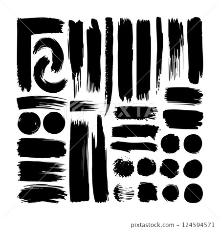 A diverse set of hand-painted brush strokes with bold, textured ink. These organic and free-flowing marks are perfect for abstract designs and modern graphic projects. 124594571