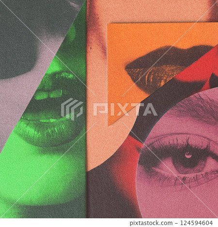 Abstract colorful paper collage illustration with woman portrait elements 124594604