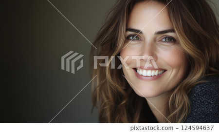 Close-up beautiful brunette mature woman smiles on gray studio background 124594637
