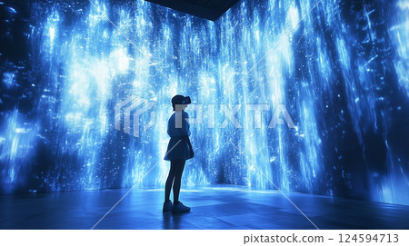 Interactive digital technology, teenager explores world using VR headset, experience virtual reality 124594713