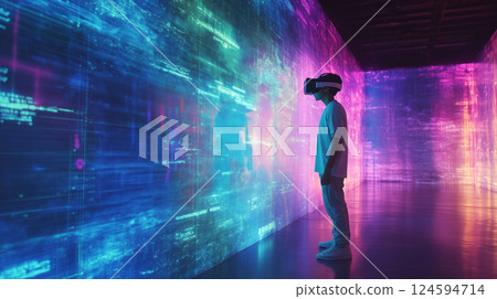 Interactive digital technology, teenager explores world using VR headset, experience virtual reality 124594714