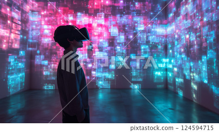 Interactive digital technology, teenager explores world using VR headset, experience virtual reality 124594715