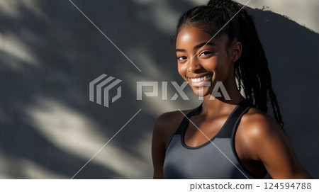 Sport, happy black fitness woman in sportswear, smiling sportswoman studio shot 124594788