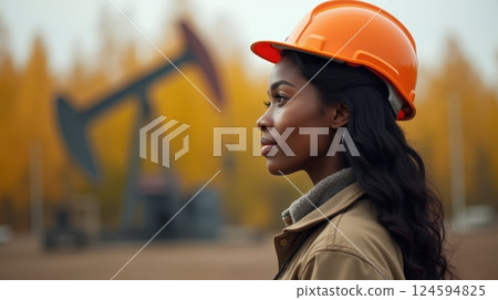 Black female oilfield technician is at work near pumpjack. Black female oilfield technician is at work near pumpjack. 124594825
