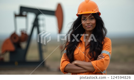Black female oilfield technician is at work near pumpjack. Black female oilfield technician is at work near pumpjack. 124594826