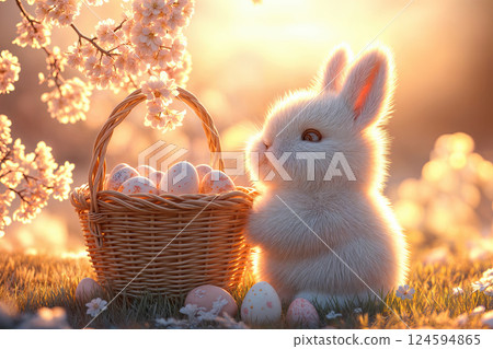 Easter bunny with basket of colorful eggs in a blooming garden. 124594865