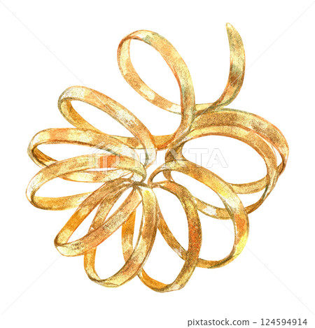 Gold curl from vibrant collection of bows, ribbons. Hand-painted in watercolor with gold paint accents. Isolate element is presented for decorating, designing textile, wallpaper, prints, packaging Gold curl from vibrant collection of bows, ribbons. Hand-painted in watercolor with gold paint accents. Isolate element is presented for decorating, designing textile, wallpaper, prints, packaging 124594914