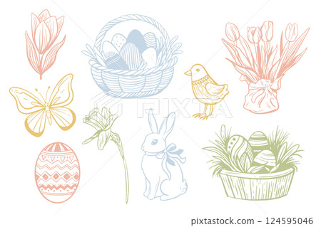 Hand drawn vintage easter elements. Spring collection sketch illustrations. Rabbit, eggs, flowers, butterfly, bird 124595046