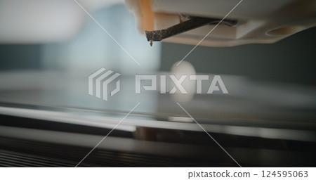 Needle Gently Touches Grooves, Playing Classic Music On Vintage Turntable. Macro Close Up 124595063