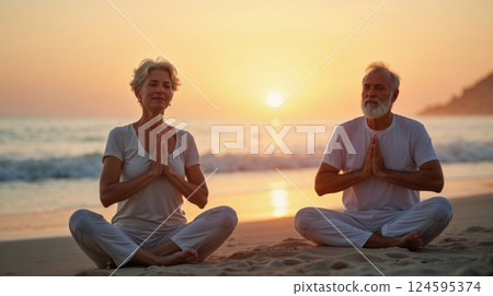 A elderly couple practicing meditation near the ocean 124595374