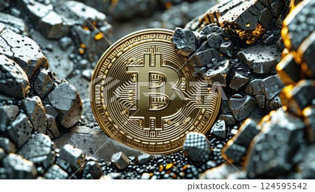 a golden Bitcoin coin partially buried among rugged rock 124595542