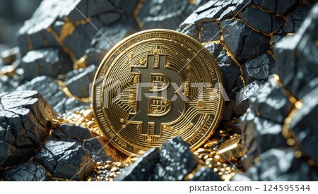 a golden Bitcoin coin partially buried among rugged rock 124595544