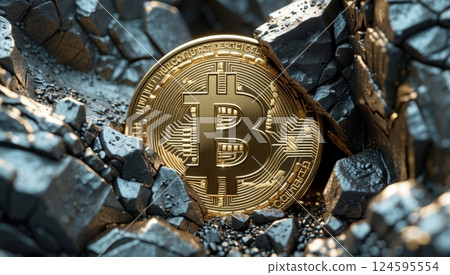 a golden Bitcoin coin partially buried among rugged rock 124595554