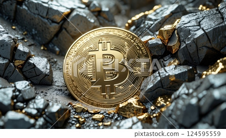a golden Bitcoin coin partially buried among rugged rock 124595559