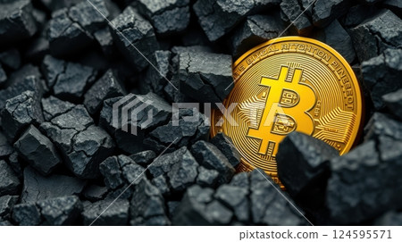 a golden Bitcoin coin partially buried among rugged rock 124595571