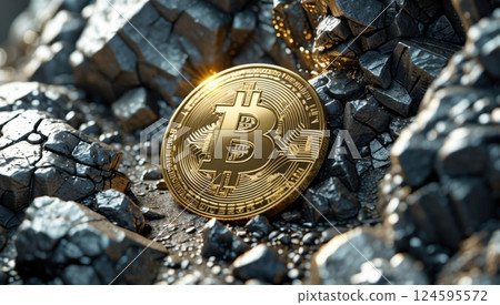 a golden Bitcoin coin partially buried among rugged rock 124595572