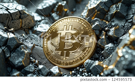 a golden Bitcoin coin partially buried among rugged rock 124595573