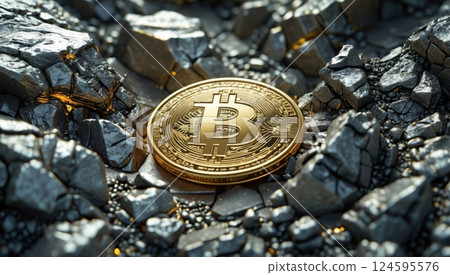 a golden Bitcoin coin partially buried among rugged rock 124595576
