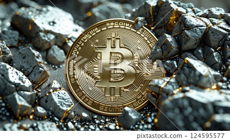 a golden Bitcoin coin partially buried among rugged rock 124595577