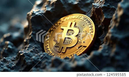 a golden Bitcoin coin partially buried among rugged rock 124595585