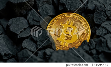 a golden Bitcoin coin partially buried among rugged rock 124595587