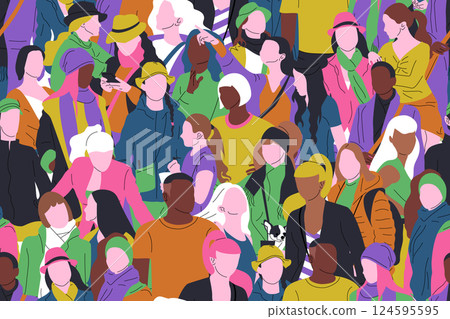 Seamless pattern with crowd of different people, men and women. Diversity concept. Pedestrians at rush hour walking. 124595595