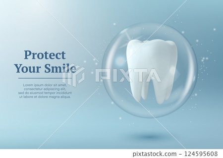 Protect Your Smile. Vector 3D Realistic Tooth in a Protective Bubble Isolated on a Blue Background. Design Template, Clipart, Mockup. Dentistry, Healthcare, Medical, Hygiene, Protection Concept 124595608