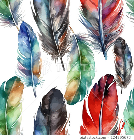seamless background feathers colored . hand drawing. Not AI, Vector illustration. 124595673