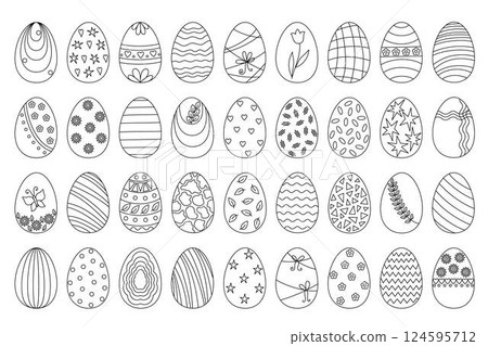 Easter holiday symbol outline decorated eggs set in simple doodle vector illustration for spring festive time decor, coloring page, greeting cards, invitations, banners, activities for children Easter holiday symbol outline decorated eggs set in simple doodle vector illustration for spring festive time decor, coloring page, greeting cards, invitations, banners, activities for children 124595712