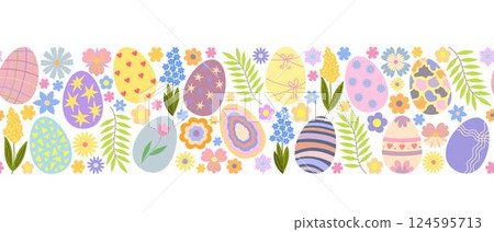 Easter eggs holiday banner with cute simple flowers, leaves, spring meadow ornament seamless horizontal border, hand drawn vector illustration traditional festive decor for card, poster, invitation 124595713