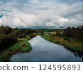 Picturesque summer landscape with blue cloudy sky, river, field and forest 124595893