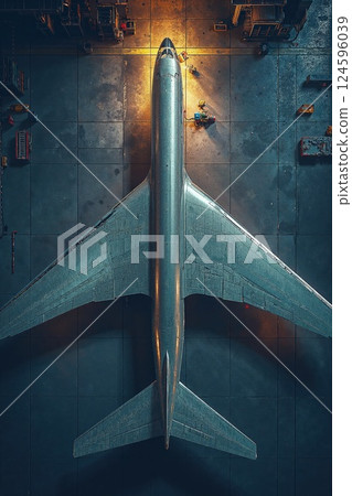Aerial view of airplane in hangar with dramatic lighting for industrial design and aviation maintenance concepts 124596039