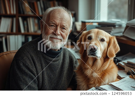 Cozy companionship in study room with elderly man and golden retriever 124596053