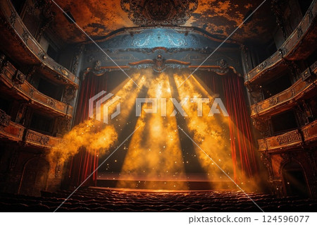 Dramatic theater stage with golden spotlight beams and vintage architecture for performance arts 124596077