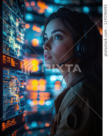 Futuristic technology: focused woman in ai and data analytics environment for innovation projects 124596093