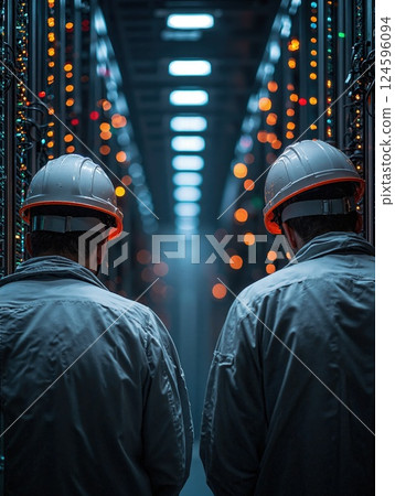 Innovative data center technology management: engineers overseeing servers in secure high-tech environment 124596094