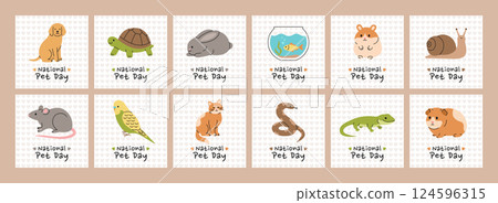 National Pet Day. Set of holiday designs with different cute domestic animals for greeting cards, posters, banners, social media posts. Vector flat illustration isolated on white background National Pet Day. Set of holiday designs with different cute domestic animals for greeting cards, posters, banners, social media posts. Vector flat illustration isolated on white background 124596315