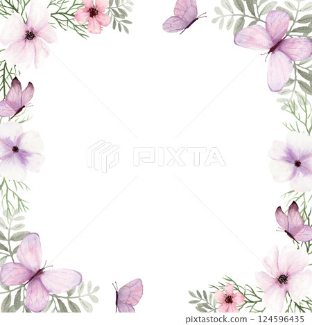 Fantasy light green and light purple twigs, butterfly and flowers square frame by watercolor. Fantasy light green and light purple twigs, butterfly and flowers square frame by watercolor. 124596435